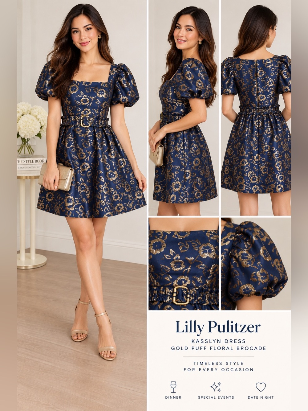 Lilly Pulitzer Navy and Gold Floral Puff-Sleeve Mini Dress